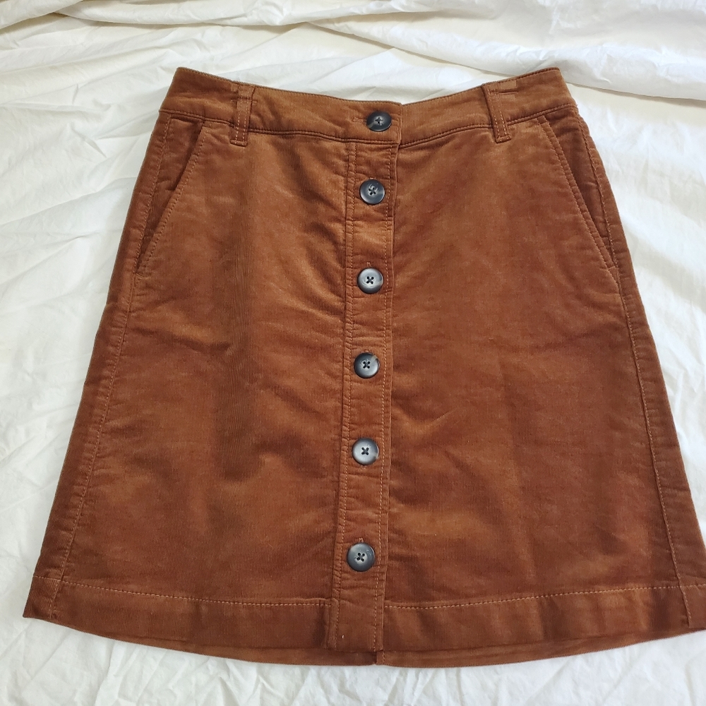 CAbi Corduroy A-line button mini skirt